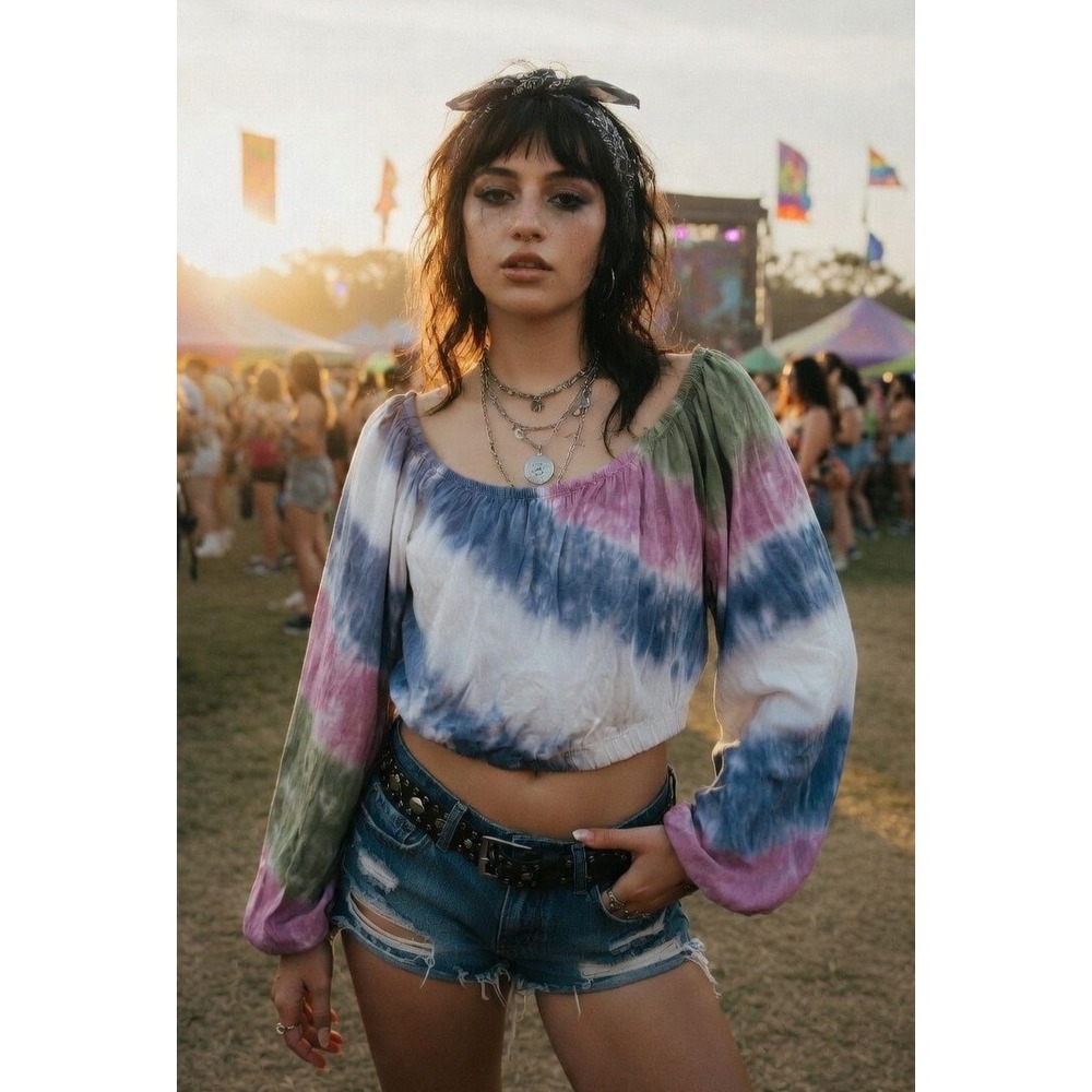 Electric & Rose Blouse Womens Small Tie Dye Off Shoulder Crop Top Festival Beach